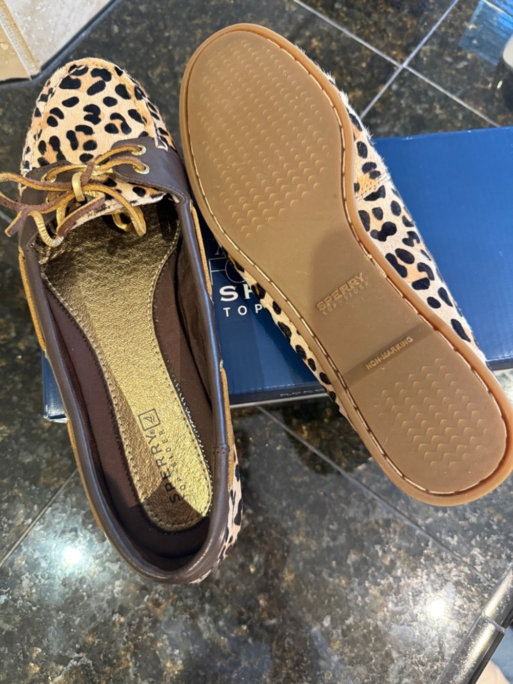 Sperry Leopard Print Pony Hair Moccasins with Brown Trim - Picture 5 of 5
